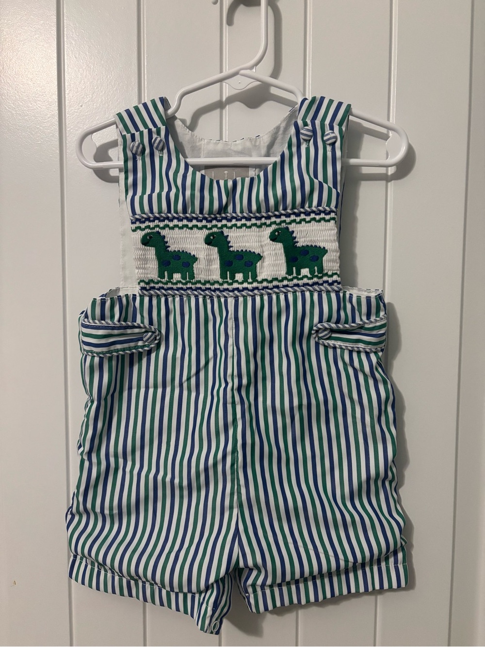 Striped Smocked Dino Shortall - Green & Blue